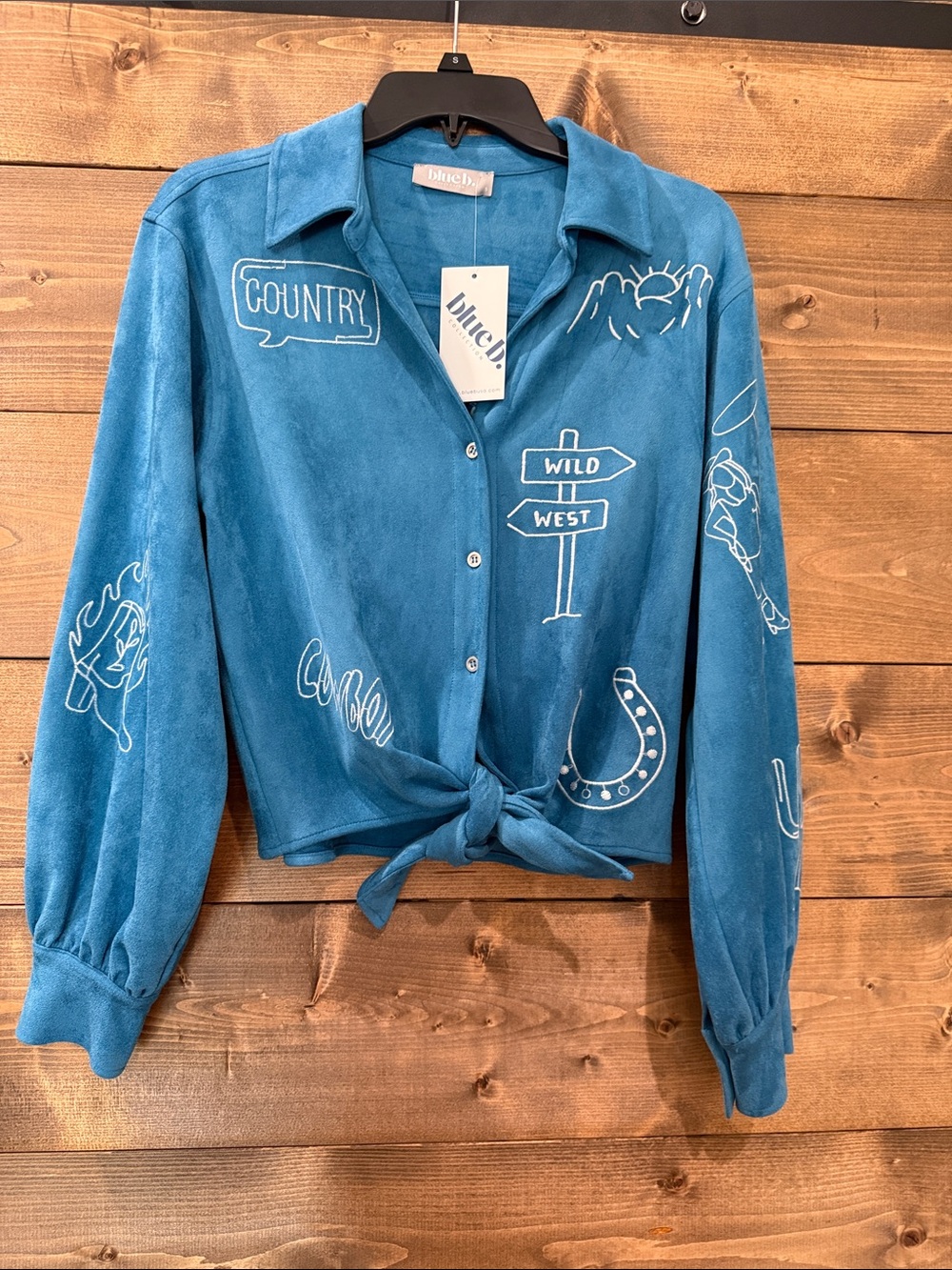 blue b. Teal Button, Tie Front Top with Western Embroidery